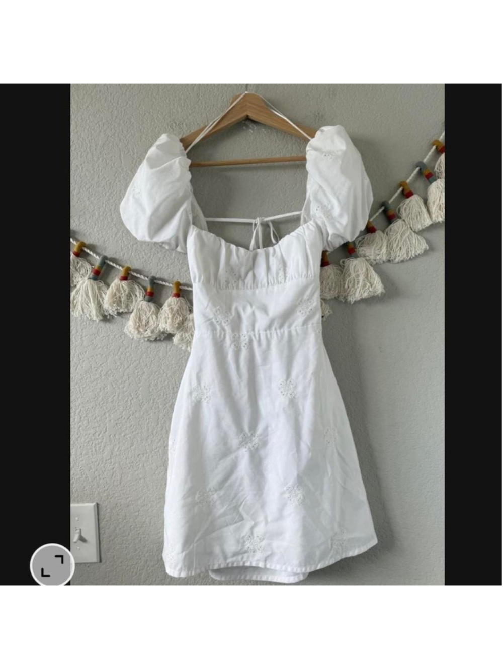 White Zara mini dress with lace up back and puffy sleeves